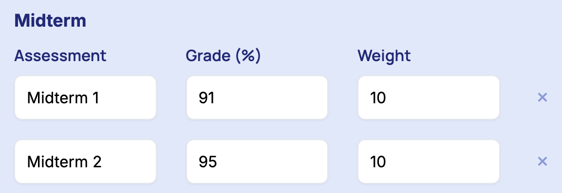 Enter necessary informations regarding midterm grades and weights.