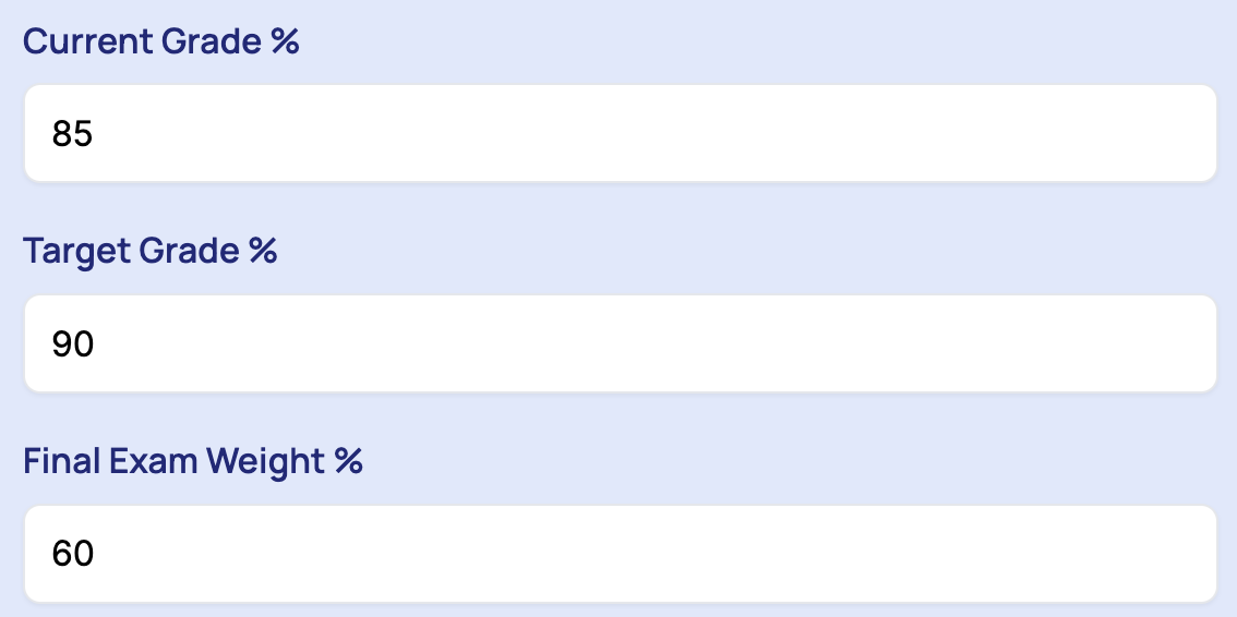 Enter the current grade weight and final exam weight.