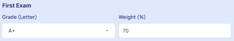 Enter first exam's "Grade" and Weight".