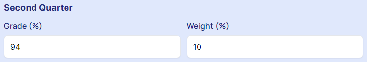 Enter second quarter's "Grade" and Weight".